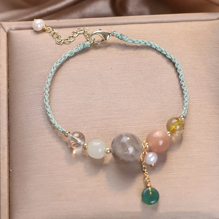 Buddha Stones Moonstone Sunstone Beads Peace Buckle Charm Healing Bracelet - BWOOOH - Green Rope Moonstone(Wrist