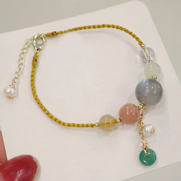 Buddha Stones Moonstone Sunstone Beads Peace Buckle Charm Healing Bracelet - BWOOOH - Yellow Rope Moonstone(Wrist