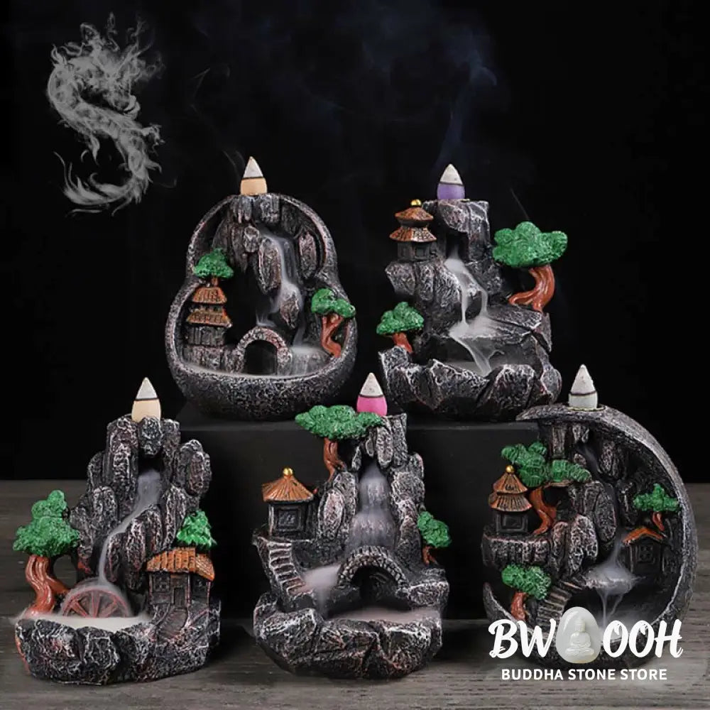 BWOOOH Mountain Bridges Pattern Meditation Resin Backflow Incense Burner - Caves Blessed Place 10.5*6*12cm
