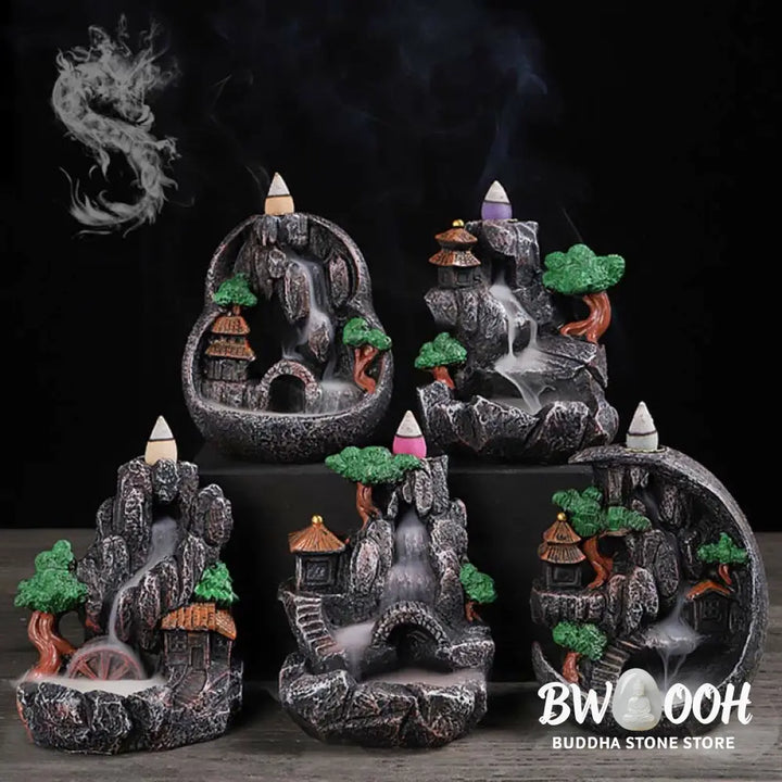 BWOOOH Mountain Bridges Pattern Meditation Resin Backflow Incense Burner - Caves Blessed Place 10.5*6*12cm