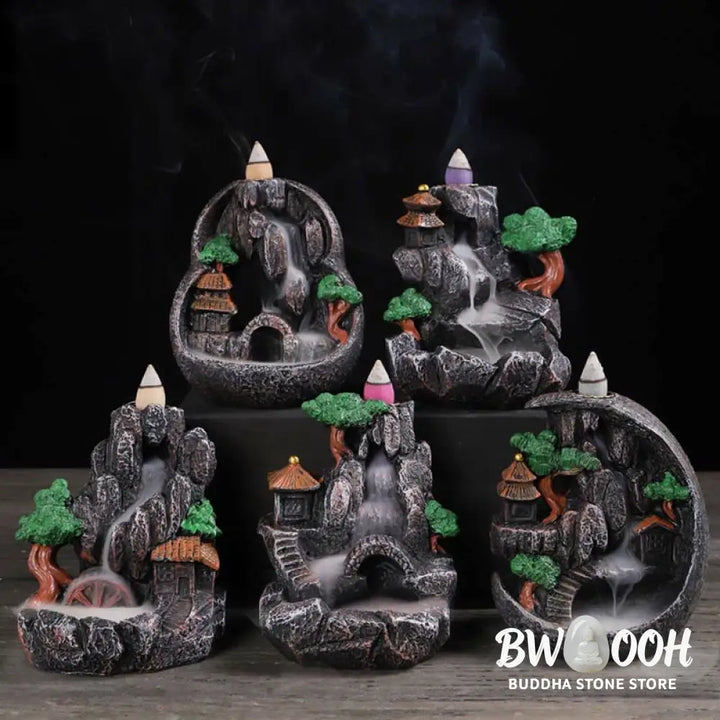 BWOOOH Mountain Bridges Pattern Meditation Resin Backflow Incense Burner - Caves Blessed Place 10.5*6*12cm