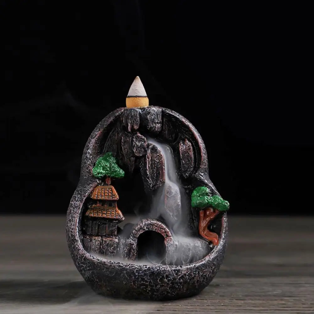 BWOOOH Mountain Bridges Pattern Meditation Resin Backflow Incense Burner - Caves Blessed Place 10.5*6*12cm