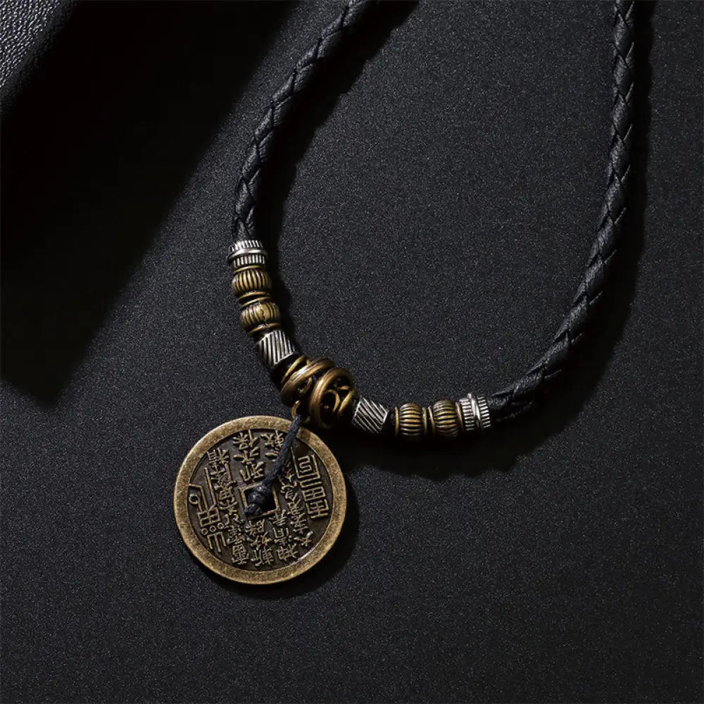 Buddha Stones Mountain Ghosts Spend Money Bagua Alloy Copper Coin Harmony Necklace Pendant - BWOOOH - Black Rope