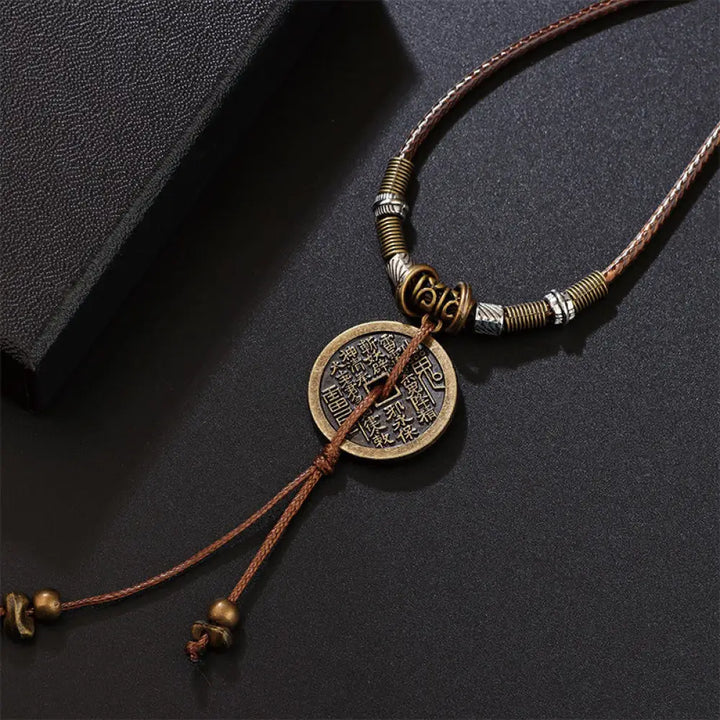 Buddha Stones Mountain Ghosts Spend Money Bagua Alloy Copper Coin Harmony Necklace Pendant - BWOOOH - Brown Rope