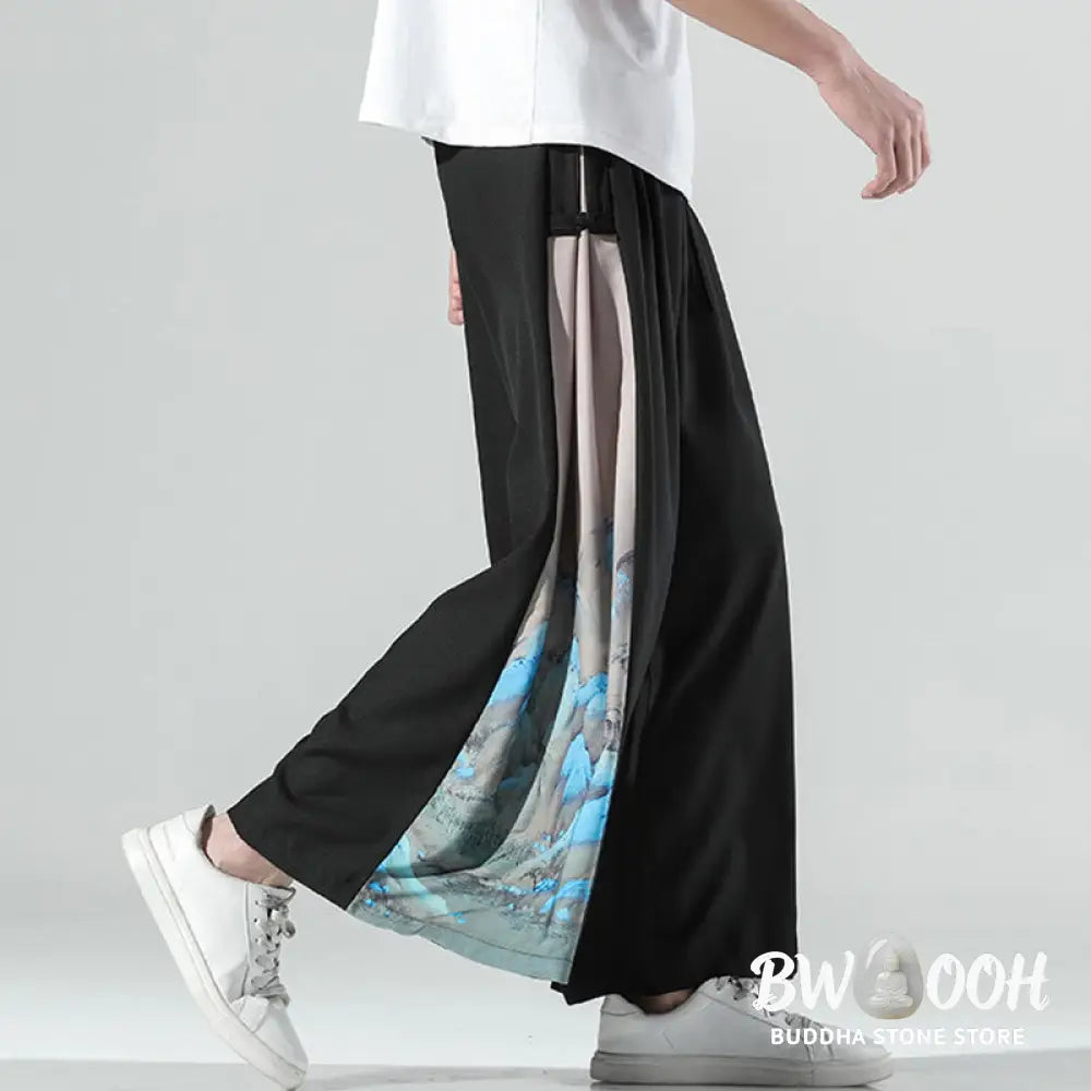 Buddha Stones Mountains Rivers Pattern Men’s Wide Leg Pants With Pockets - Men’s Wide Leg Pants