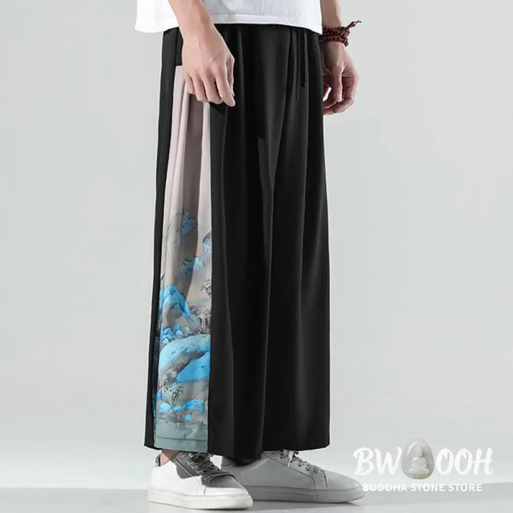 Buddha Stones Mountains Rivers Pattern Men’s Wide Leg Pants With Pockets - Men’s Wide Leg Pants