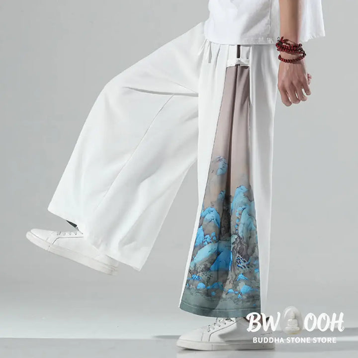 Buddha Stones Mountains Rivers Pattern Men’s Wide Leg Pants With Pockets - Men’s Wide Leg Pants