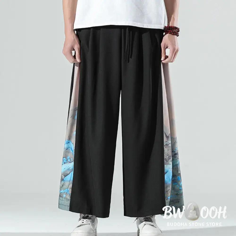 Buddha Stones Mountains Rivers Pattern Men’s Wide Leg Pants With Pockets - Men’s Wide Leg Pants