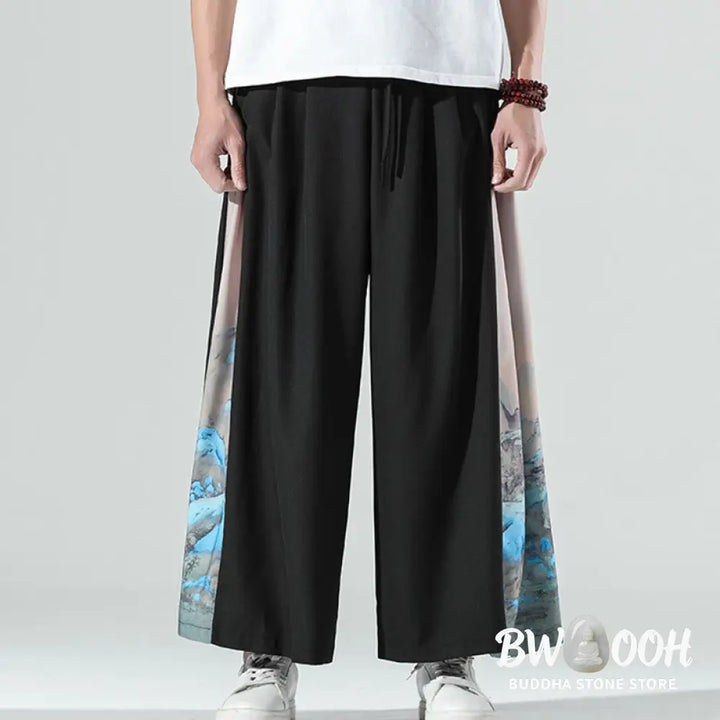 Buddha Stones Mountains Rivers Pattern Men’s Wide Leg Pants With Pockets - Men’s Wide Leg Pants