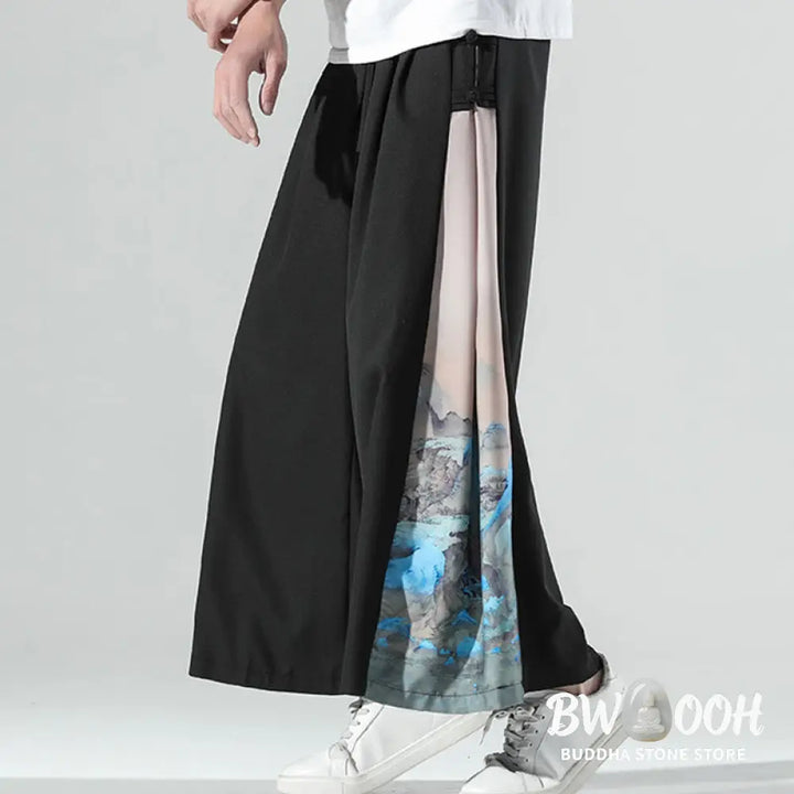 Buddha Stones Mountains Rivers Pattern Men’s Wide Leg Pants With Pockets - Men’s Wide Leg Pants