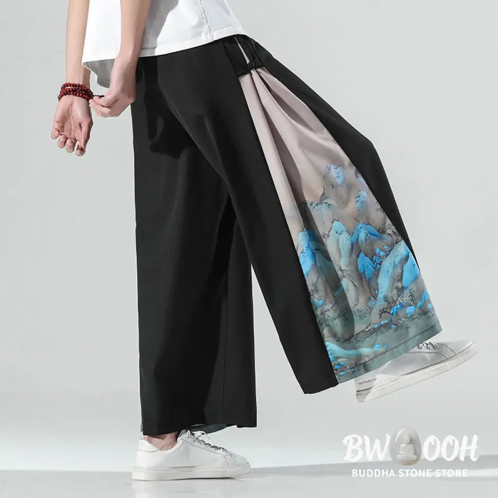 Buddha Stones Mountains Rivers Pattern Men’s Wide Leg Pants With Pockets - Men’s Wide Leg Pants
