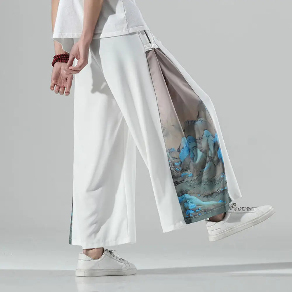 Buddha Stones Mountains Rivers Pattern Men’s Wide Leg Pants With Pockets - White / US/UK/AU36，EU46 (L) - Men’s Wide Leg