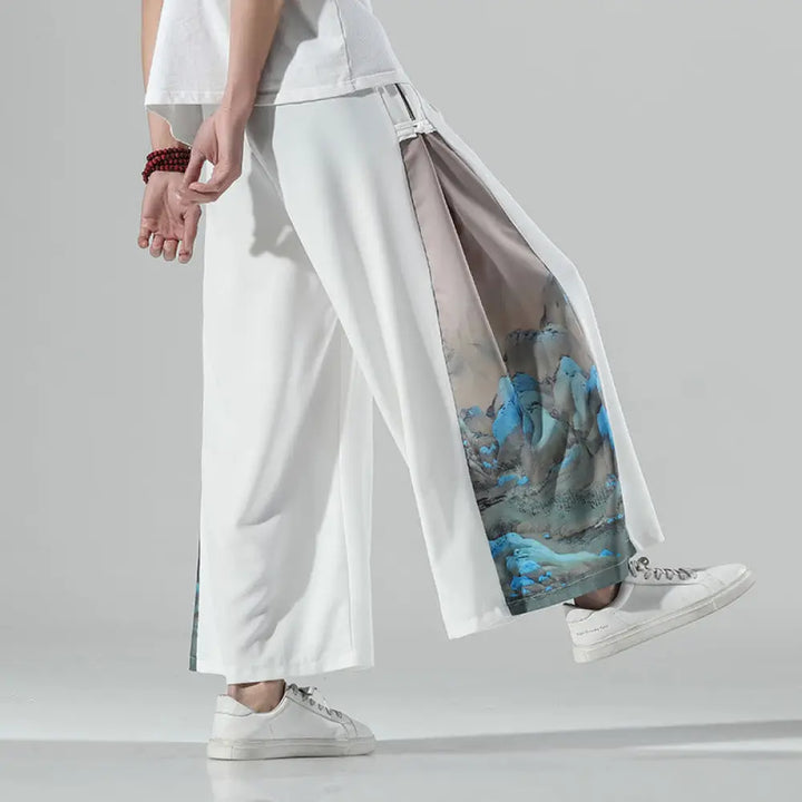 Buddha Stones Mountains Rivers Pattern Men’s Wide Leg Pants With Pockets - White / US/UK/AU36，EU46 (L) - Men’s Wide Leg