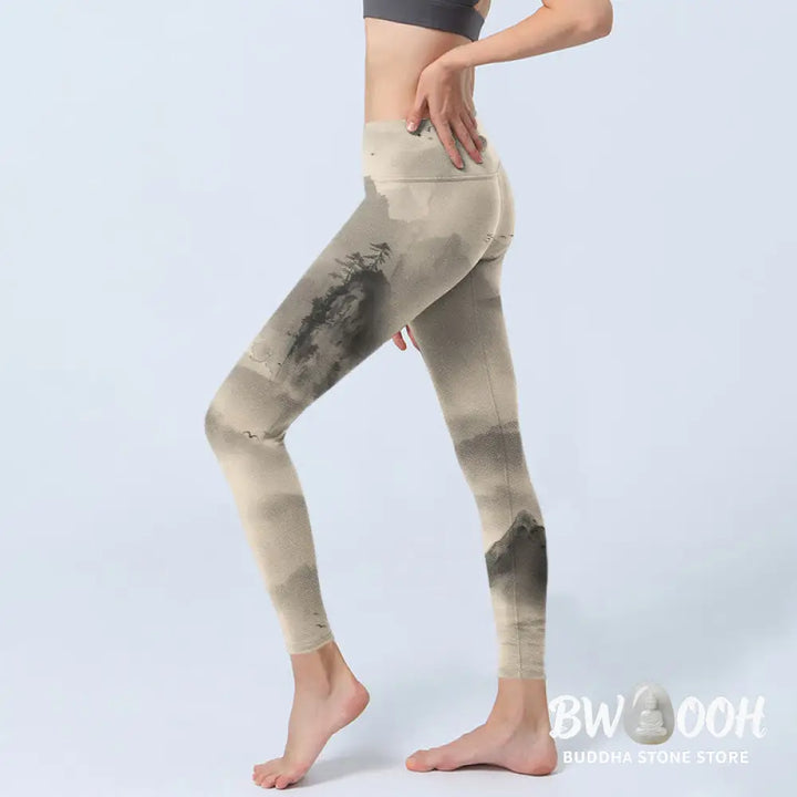 BWOOOH printed yoga leggings - Mountains Shrouded In Mist Wild Goose Gy