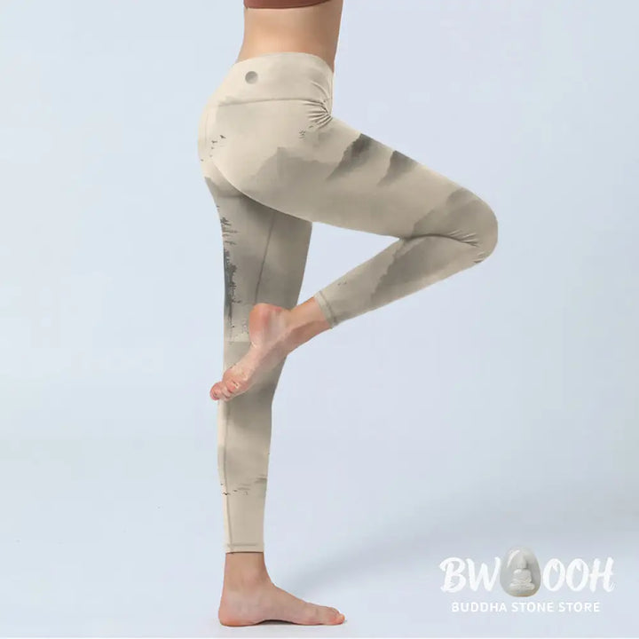 BWOOOH printed yoga leggings - Mountains Shrouded In Mist Wild Goose Gy