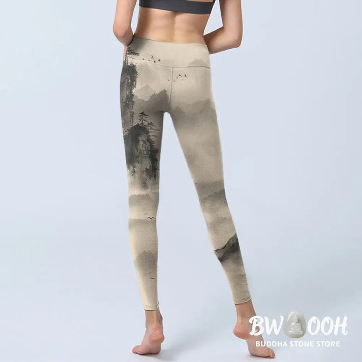 BWOOOH printed yoga leggings - Mountains Shrouded In Mist Wild Goose Gy