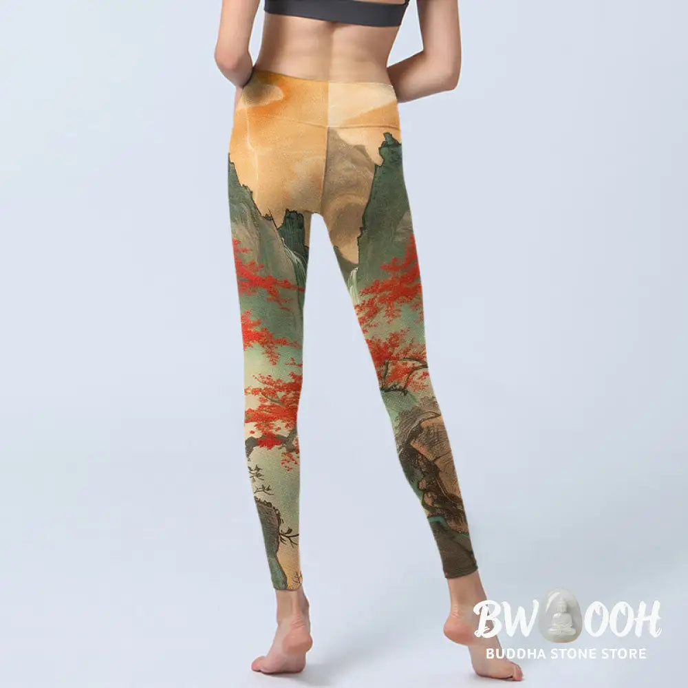 BWOOOH printed yoga leggings - Mountains Trees Rising Sun Pattern Print