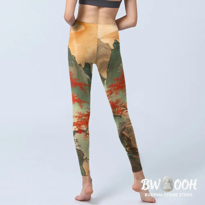 BWOOOH printed yoga leggings - Mountains Trees Rising Sun Pattern Print