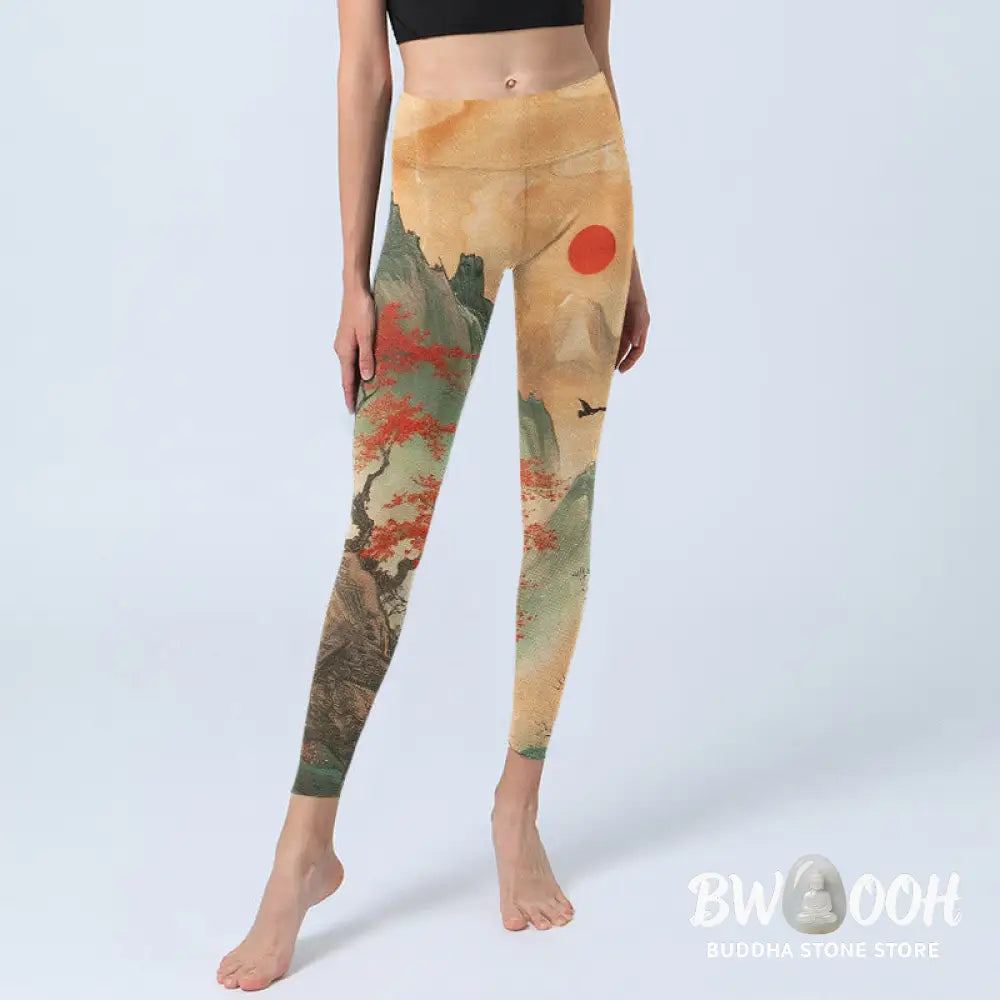BWOOOH printed yoga leggings - Mountains Trees Rising Sun Pattern Print
