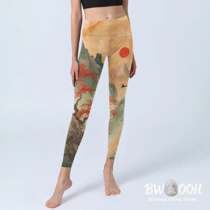 BWOOOH printed yoga leggings - Mountains Trees Rising Sun Pattern Print