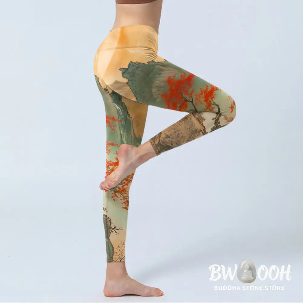 BWOOOH printed yoga leggings - Mountains Trees Rising Sun Pattern Print