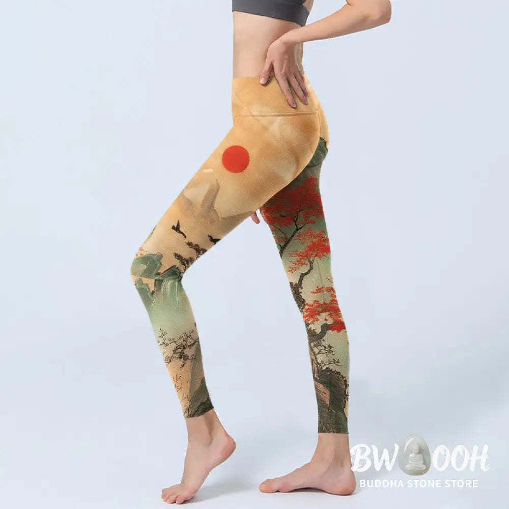 BWOOOH printed yoga leggings - Mountains Trees Rising Sun Pattern Print