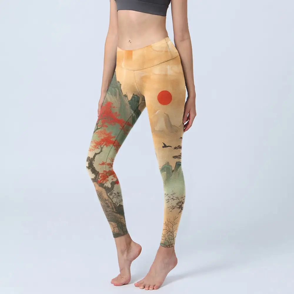 BWOOOH printed yoga leggings - Mountains Trees Rising Sun Pattern Print