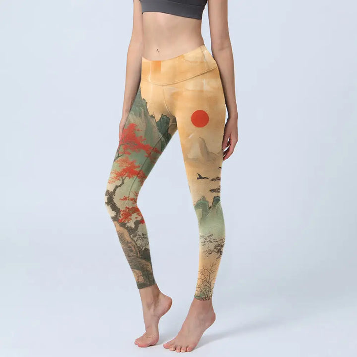 BWOOOH printed yoga leggings - Mountains Trees Rising Sun Pattern Print