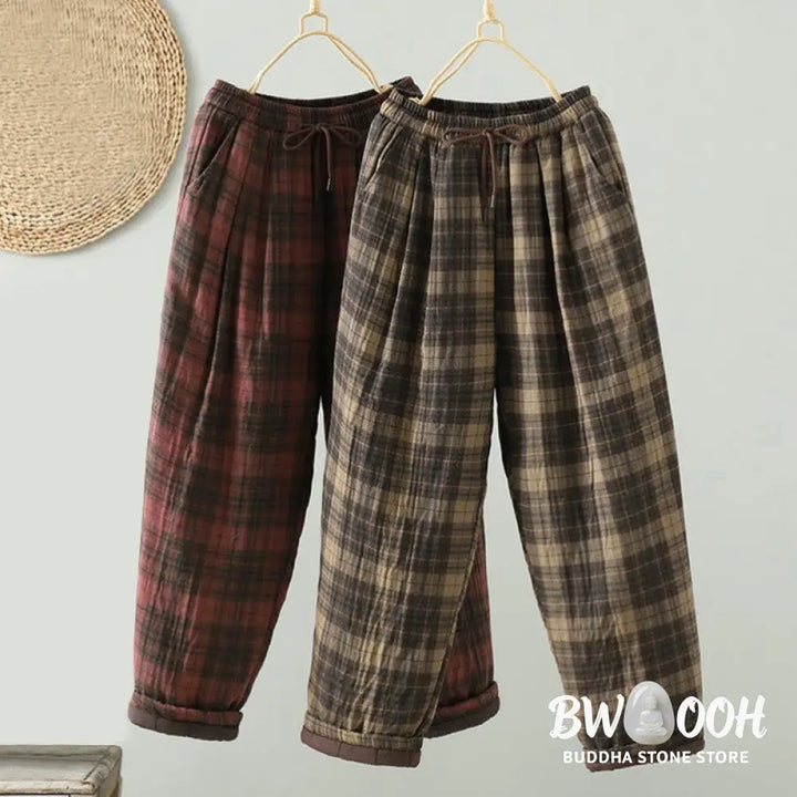 Buddha Stones Multi-color Plaid Pattern Cotton-padded Women’s Harem Thermal Pants With Pockets - Women’s Harem Pants