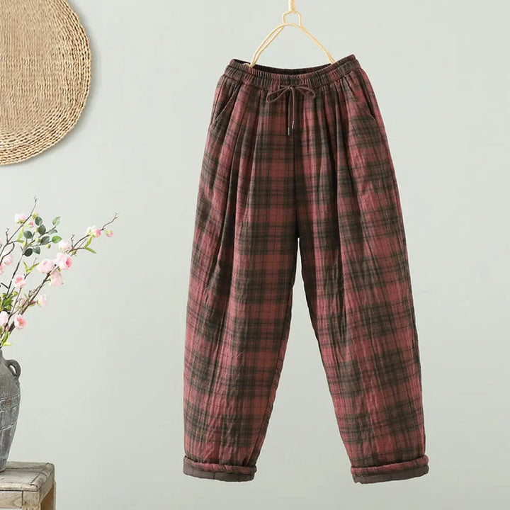 Buddha Stones Multi-color Plaid Pattern Cotton-padded Women’s Harem Thermal Pants With Pockets - IndianRed