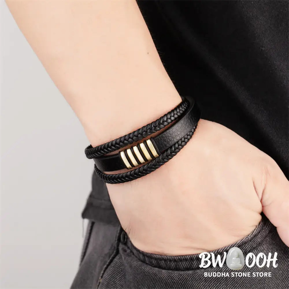 Buddha Stones Multi-layer Leather Rope Titanium Steel Buckle Balance Bracelet - Bracelet