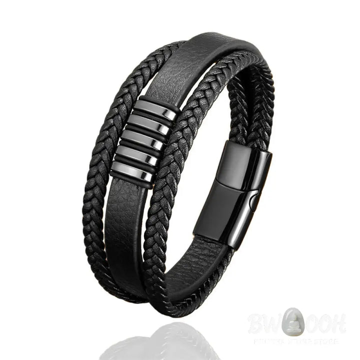 Buddha Stones Multi-layer Leather Rope Titanium Steel Buckle Balance Bracelet - Bracelet