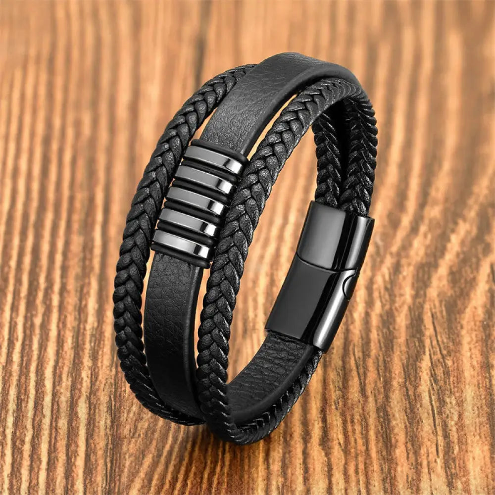 Buddha Stones Multi-layer Leather Rope Titanium Steel Buckle Balance Bracelet - Black / 16-18cm - Bracelet