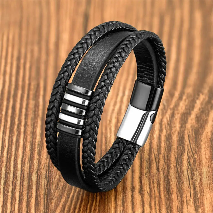 Buddha Stones Multi-layer Leather Rope Titanium Steel Buckle Balance Bracelet - Black Silver / 16-18cm - Bracelet