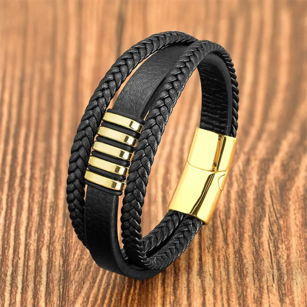 BWOOOH Multi-layer Leather Rope Titanium Steel Buckle Balance Bracelet - Gold / 16-18cm - Bracelet
