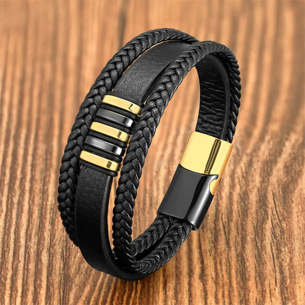 Buddha Stones Multi-layer Leather Rope Titanium Steel Buckle Balance Bracelet - Gold Black / 16-18cm - Bracelet