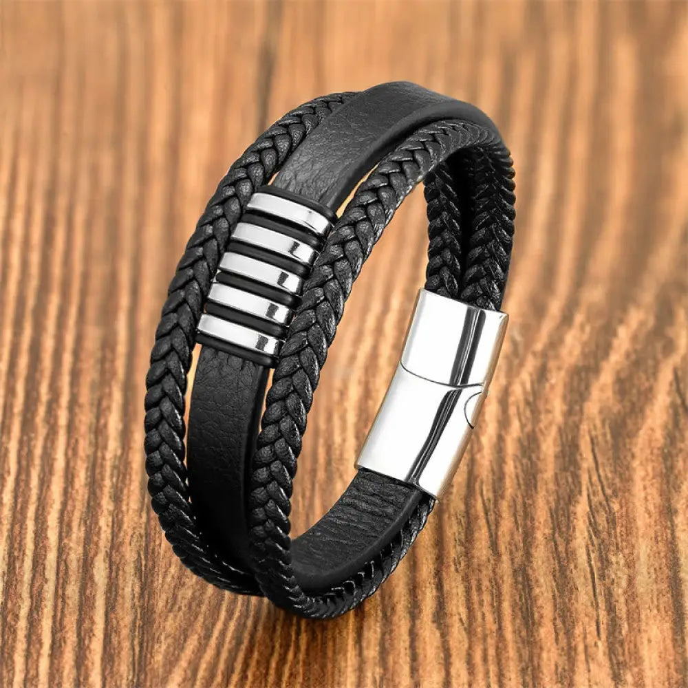 Buddha Stones Multi-layer Leather Rope Titanium Steel Buckle Balance Bracelet - Silver / 16-18cm - Bracelet
