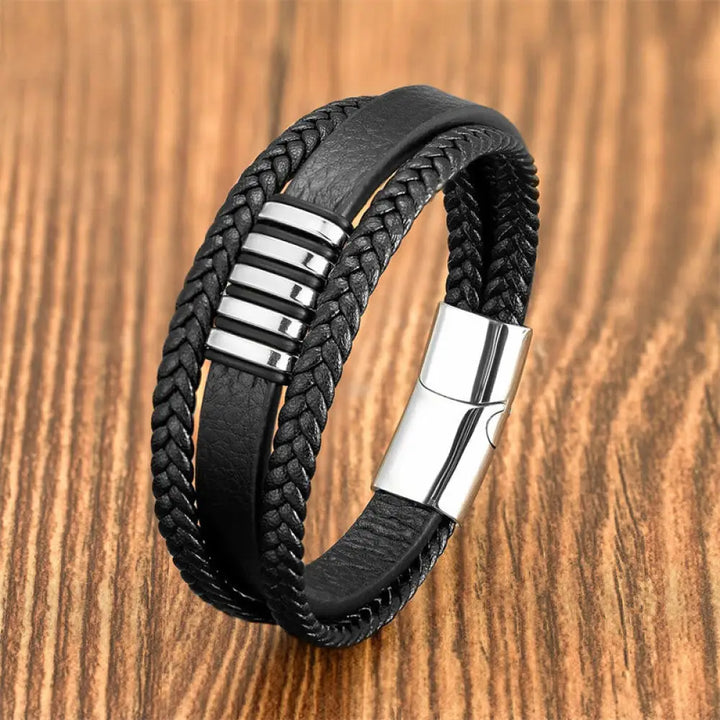 Buddha Stones Multi-layer Leather Rope Titanium Steel Buckle Balance Bracelet - Silver / 16-18cm - Bracelet