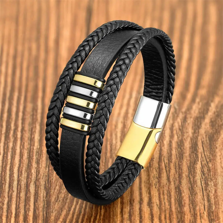 Buddha Stones Multi-layer Leather Rope Titanium Steel Buckle Balance Bracelet - Silver Gold / 16-18cm - Bracelet