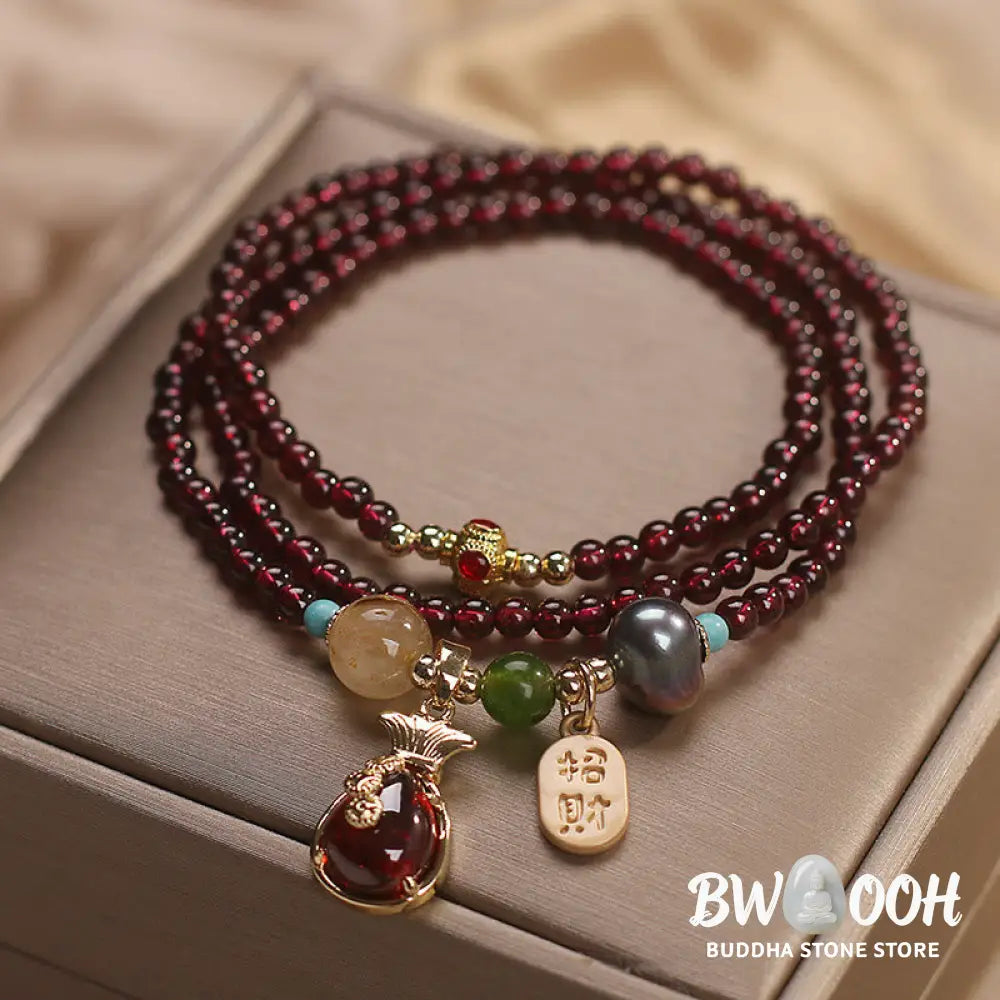 Buddha Stones Multi Layered Natural Garnet Jade Coin Money Bag Attracting Wealth Protection Bracelet - BWOOOH