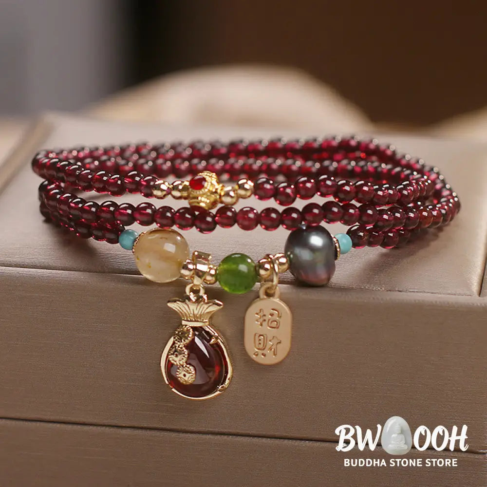 Buddha Stones Multi Layered Natural Garnet Jade Coin Money Bag Attracting Wealth Protection Bracelet - BWOOOH