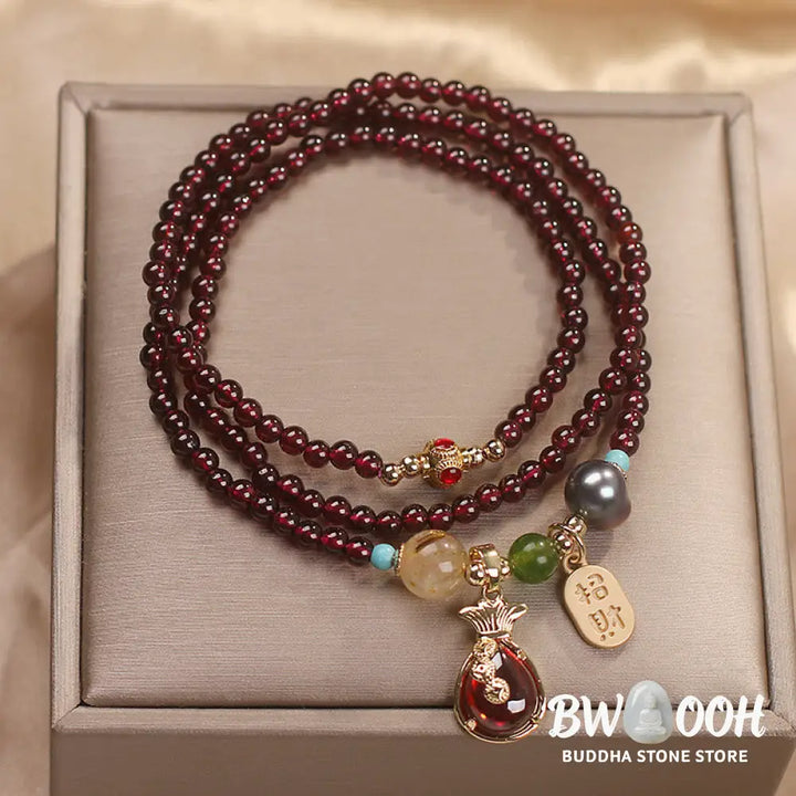 Buddha Stones Multi Layered Natural Garnet Jade Coin Money Bag Attracting Wealth Protection Bracelet - BWOOOH