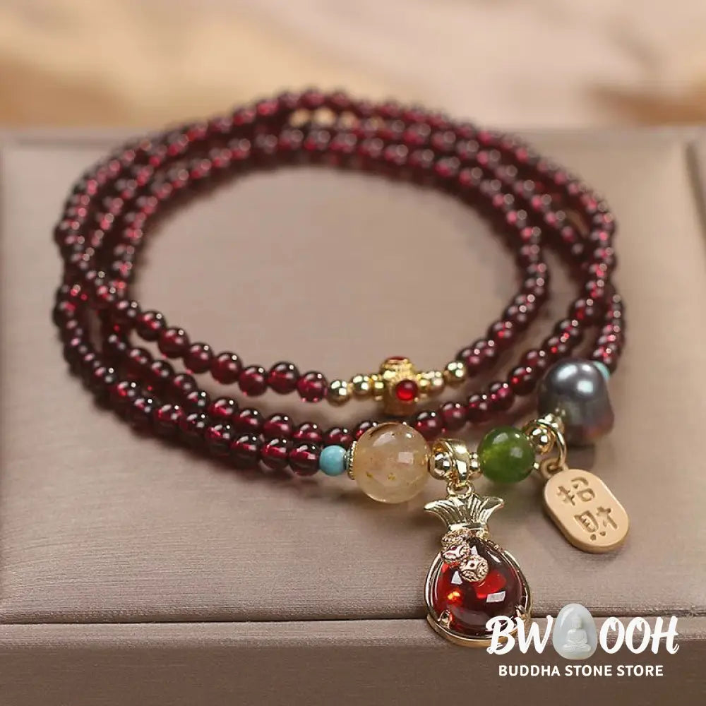 Buddha Stones Multi Layered Natural Garnet Jade Coin Money Bag Attracting Wealth Protection Bracelet - BWOOOH