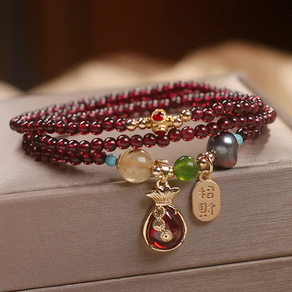 BWOOOH Multi Layered Natural Garnet Jade Coin Money Bag Attracting Wealth Protection Bracelet - BWOOOH