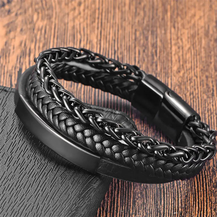 BWOOOH Multi-layered Titanium Steel Calm Leather Buckle Bracelet - BWOOOH - Black(Wrist Circumference: 18-20cm)