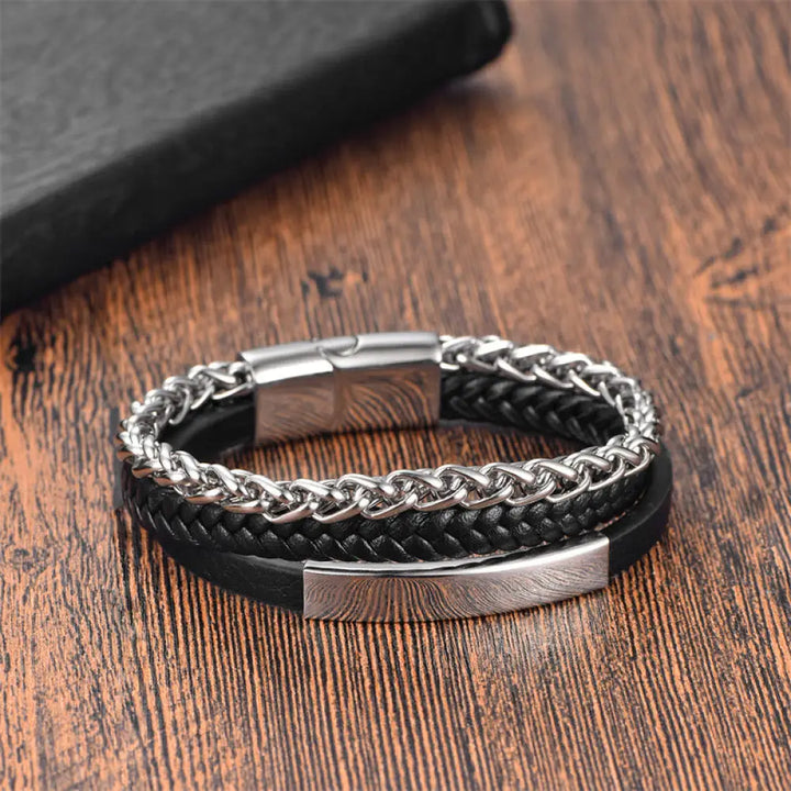 Buddha Stones Multi-layered Titanium Steel Calm Leather Buckle Bracelet - BWOOOH - Silver(Wrist Circumference: 18-20cm)