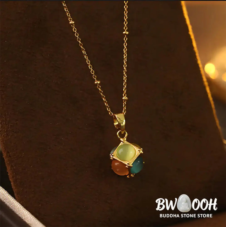 Buddha Stones Multicolored Cat’s Eye Inlaid Design Cube Protection Necklace Pendant - BWOOOH - Colorful Cat’s Eye
