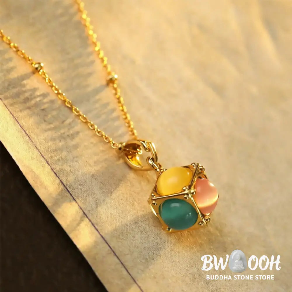 Buddha Stones Multicolored Cat’s Eye Inlaid Design Cube Protection Necklace Pendant - BWOOOH - Colorful Cat’s Eye