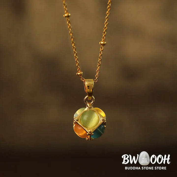 Buddha Stones Multicolored Cat’s Eye Inlaid Design Cube Protection Necklace Pendant - BWOOOH - Colorful Cat’s Eye