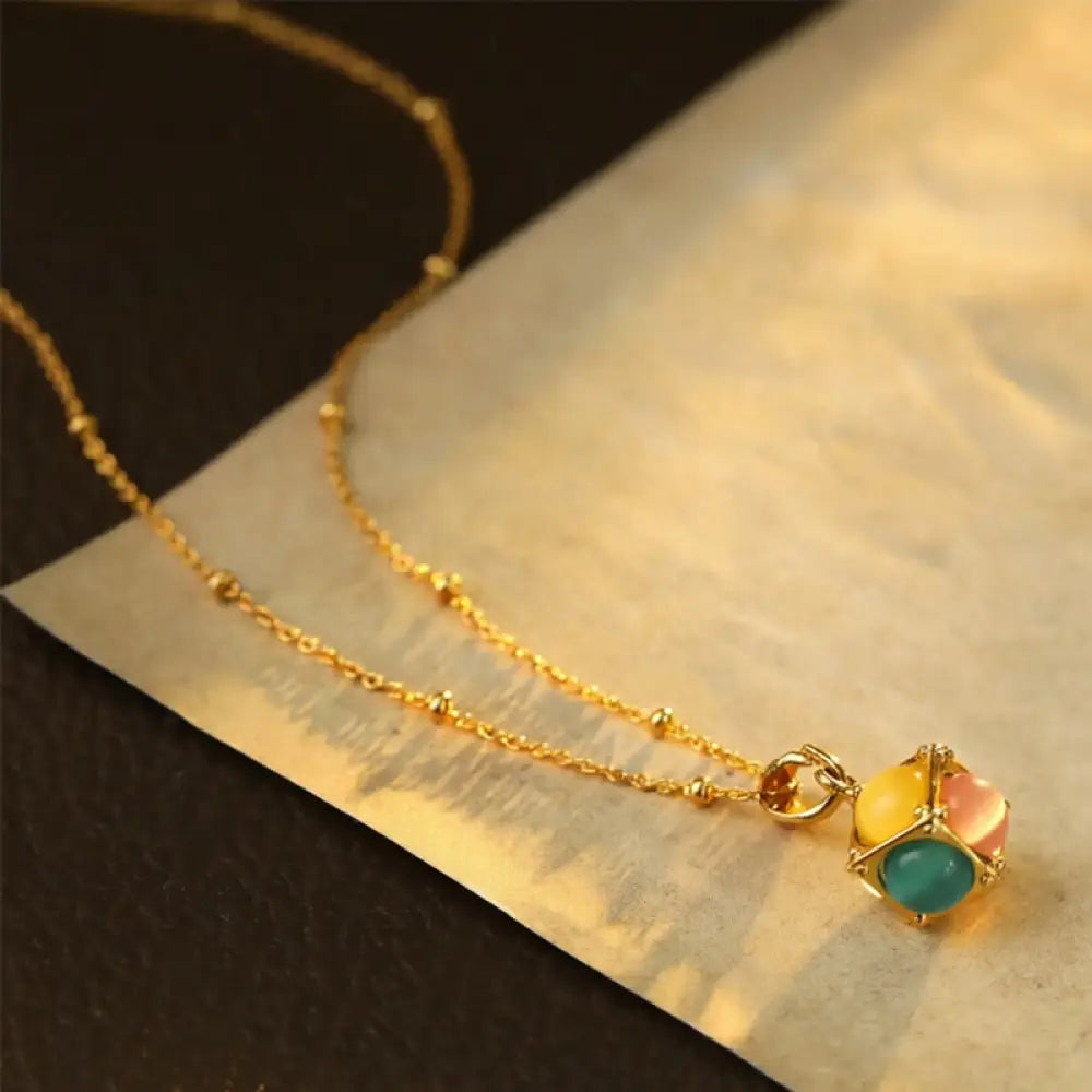 Buddha Stones Multicolored Cat’s Eye Inlaid Design Cube Protection Necklace Pendant - BWOOOH - Colorful Cat’s Eye